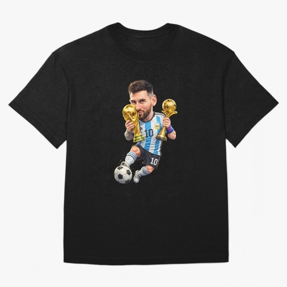 Lionel Messi ¨C Trophy King Caricature Oversized T-Shirt Capture FIFA World Cup 2026 USA Canada Mexico Spirit, Featuring Brazil, Cristiano Ronaldo, Haaland and CR7, Championship Spirit, Famous Goals, Roaring Crowds and International Football Unity;