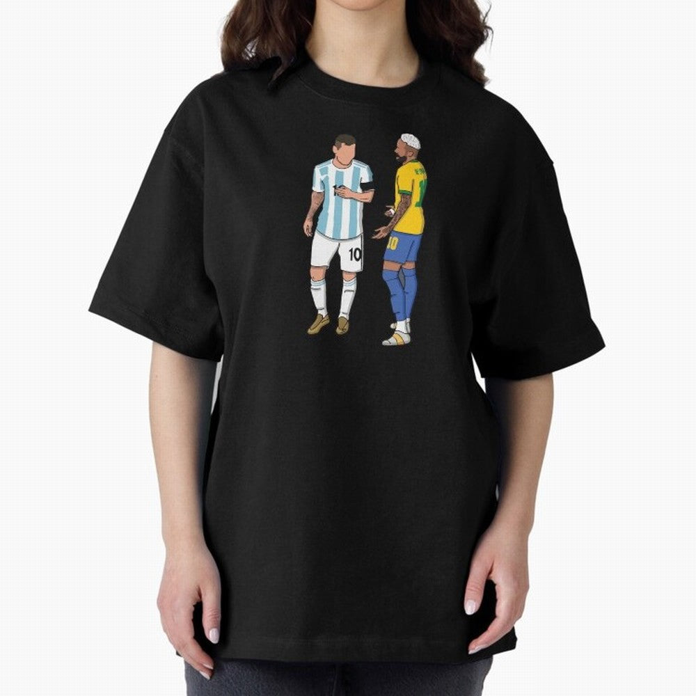 Messi and Neymar Chit Chat Illustration Oversized T-Shirt Make Game Day About Match Day Hype around FIFA World Cup 2026 USA Canada Mexico, Neymar, Haaland and Cristiano Ronaldo, Brazil, Global Supporter Spirit, Legendary Goals, National Colors and