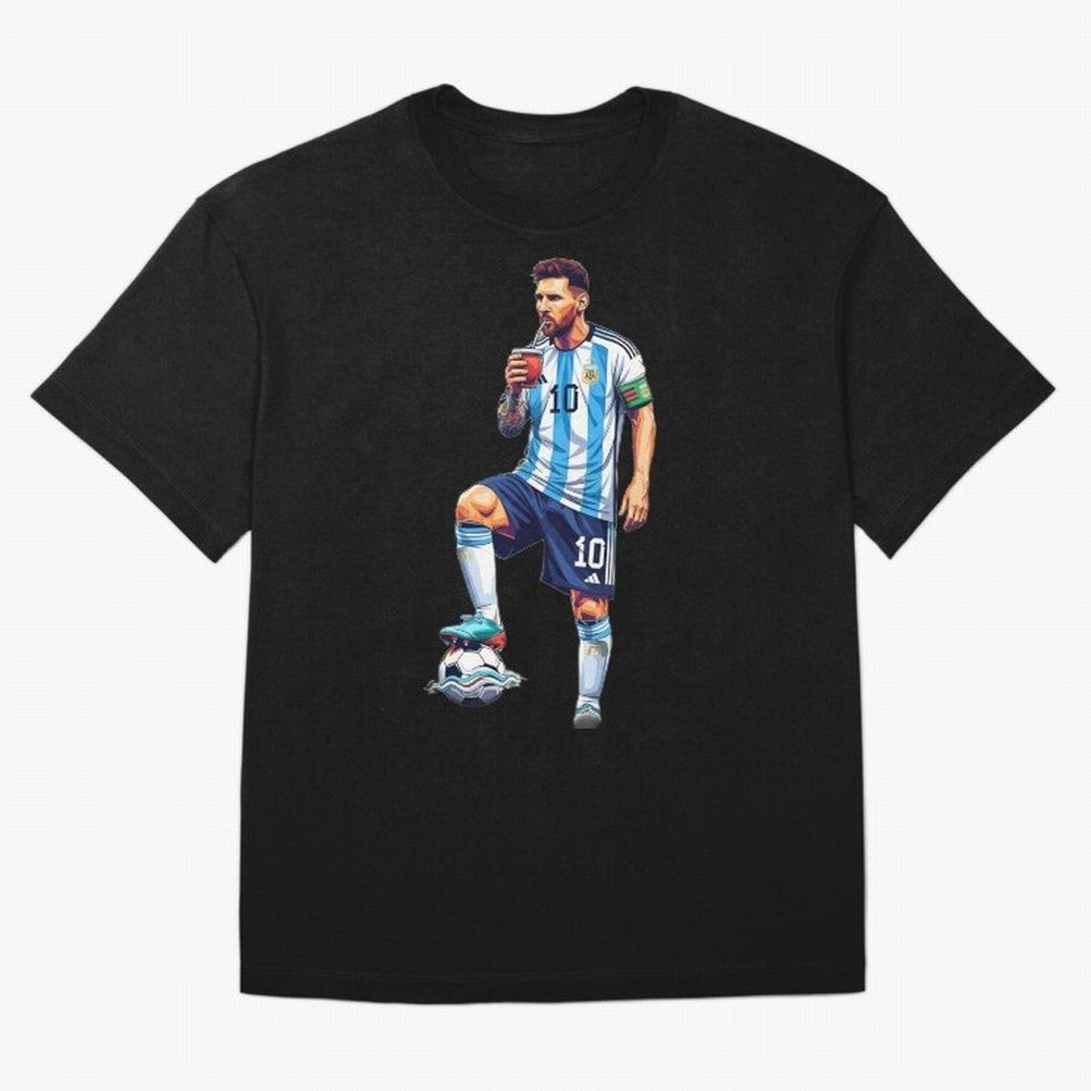 Messi in an illustrated style drinking mate ¨C The Goat Phone Case design Classic T-Shirt Embrace Global Football Passion for FIFA World Cup 2026 Group Stage, with Messi, Brazil, Classic Soccer Heritage, Championship Pressure, Fan Loyalty and
