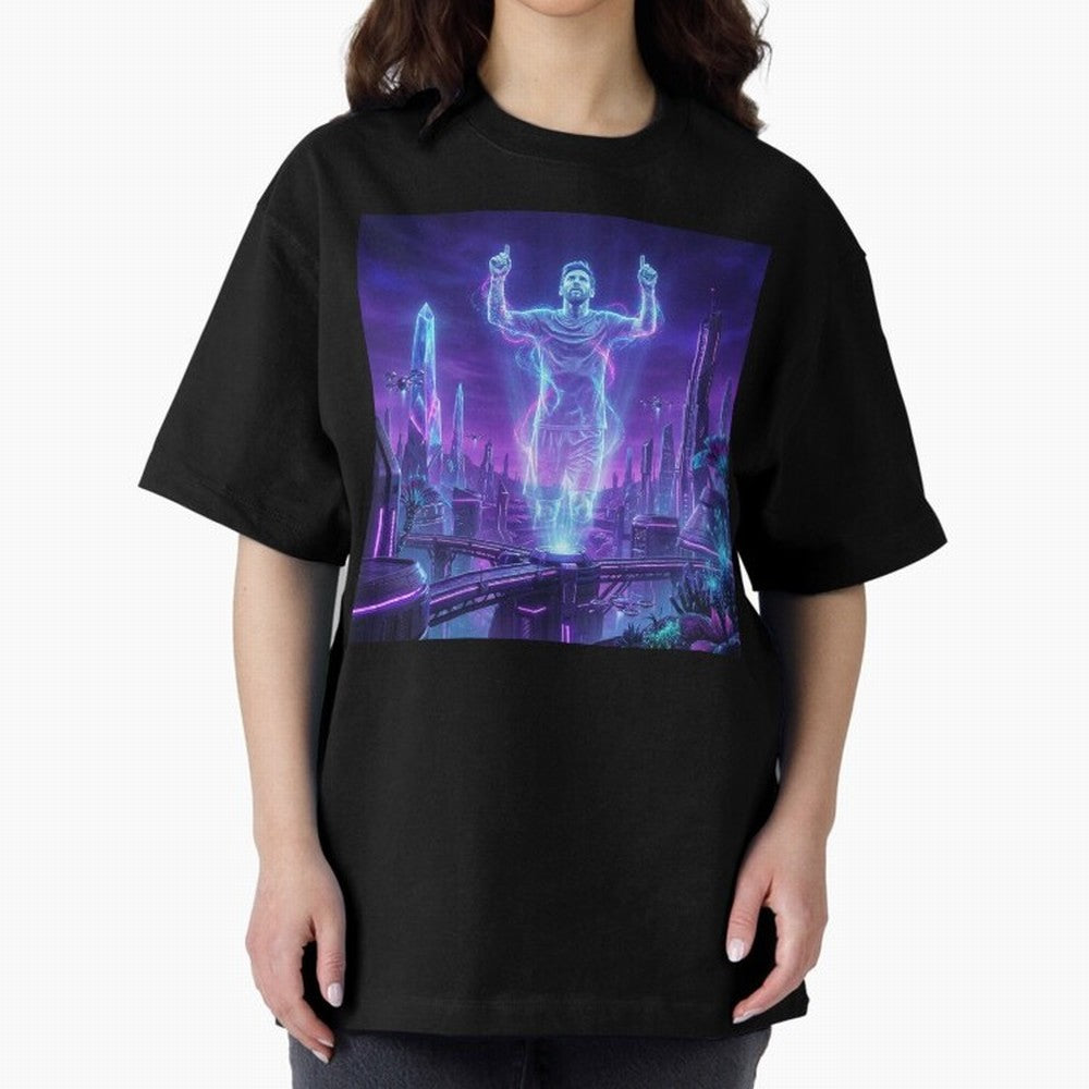 Lionel Messi (GOAT) Hologram in Futuristic Cyberpunk City (Version 2) Classic T-Shirt Bring Match Day Fire to the FIFA World Cup 2026 USA Canada Mexico Journey through Cristiano Ronaldo Highlights, Portugal, Spain and Germany Pride, Match Day