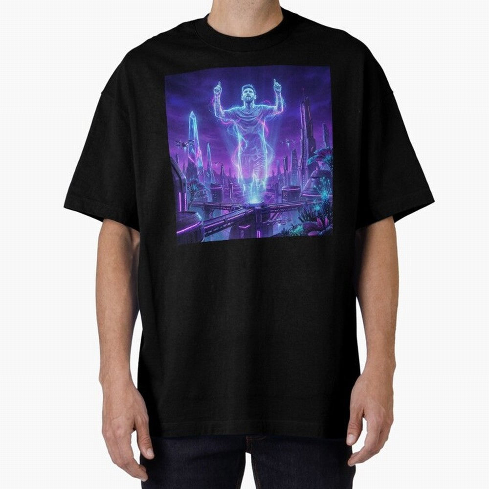Lionel Messi (GOAT) Hologram in Futuristic Cyberpunk City (Version 2) Classic T-Shirt Bring Match Day Fire to the FIFA World Cup 2026 USA Canada Mexico Journey through Cristiano Ronaldo Highlights, Portugal, Spain and Germany Pride, Match Day