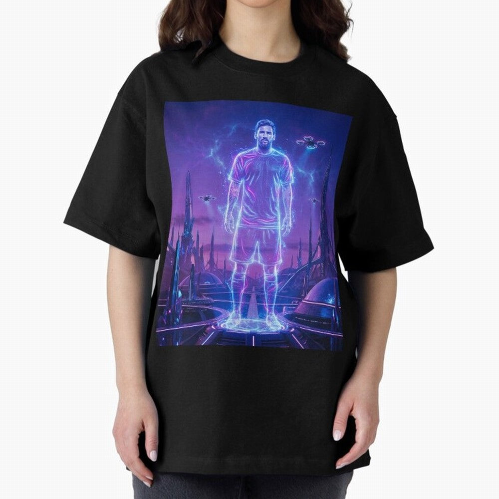 Lionel Messi (GOAT) Hologram in Futuristic Cyberpunk City (Version 4) Classic T-Shirt Carry the FIFA World Cup 2026 Group Stage Journey through Haaland and Mbappe Highlights, Spain and Netherlands Pride, Sports Nostalgia, International Competition,