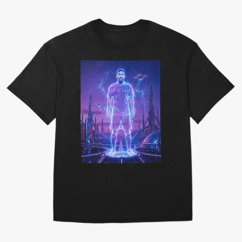 Lionel Messi (GOAT) Hologram in Futuristic Cyberpunk City (Version 4) Classic T-Shirt Carry the FIFA World Cup 2026 Group Stage Journey through Haaland and Mbappe Highlights, Spain and Netherlands Pride, Sports Nostalgia, International Competition,