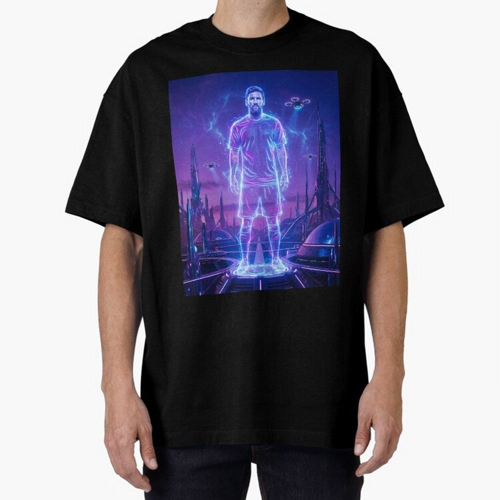 Lionel Messi (GOAT) Hologram in Futuristic Cyberpunk City (Version 4) Classic T-Shirt Carry the FIFA World Cup 2026 Group Stage Journey through Haaland and Mbappe Highlights, Spain and Netherlands Pride, Sports Nostalgia, International Competition,