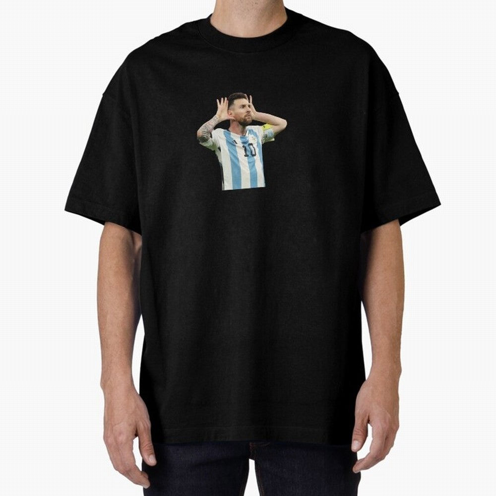 Lionel Messi Argentina Celebration Sticker Oversized T-Shirt Celebrate the FIFA World Cup 2026 USA Canada Mexico Journey through Cristiano Ronaldo, Haaland and CR7 Highlights, Brazil, Portugal and Argentina Pride, Championship Spirit, Famous Goals,
