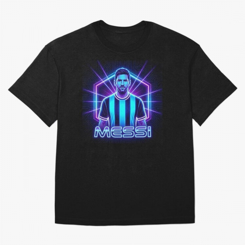 ?Argentina Football Legend Messi Cyberpunk Retro Futurist Design (Version 2) Classic T-Shirt Experience the FIFA World Cup 2026 Group Stage Journey through Haaland and Mbappe Highlights, Argentina, France and Brazil Pride, Worldwide Fan Energy,