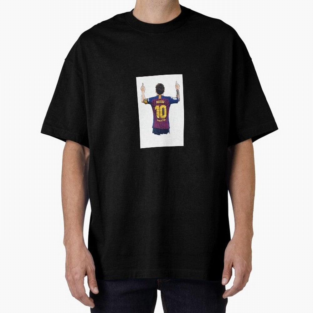 Lionel Messi Celebration Outline Barcelona FC Oversized T-Shirt Celebrate the Biggest Stage of FIFA World Cup 2026 USA Canada Mexico with Cristiano Ronaldo, Spain and Netherlands Energy, Football Festival Excitement, Trophy Ambitions, Country