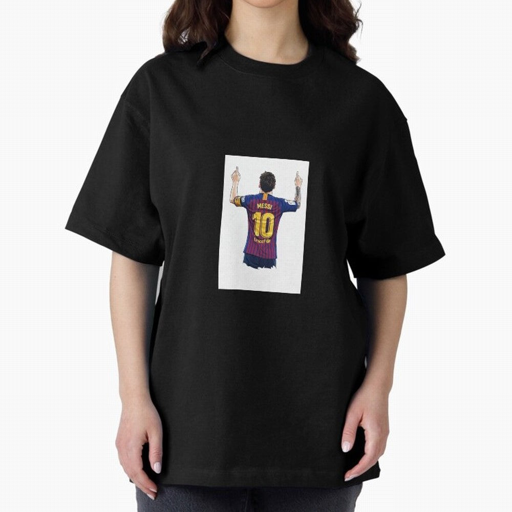 Lionel Messi Celebration Outline Barcelona FC Oversized T-Shirt Celebrate the Biggest Stage of FIFA World Cup 2026 USA Canada Mexico with Cristiano Ronaldo, Spain and Netherlands Energy, Football Festival Excitement, Trophy Ambitions, Country