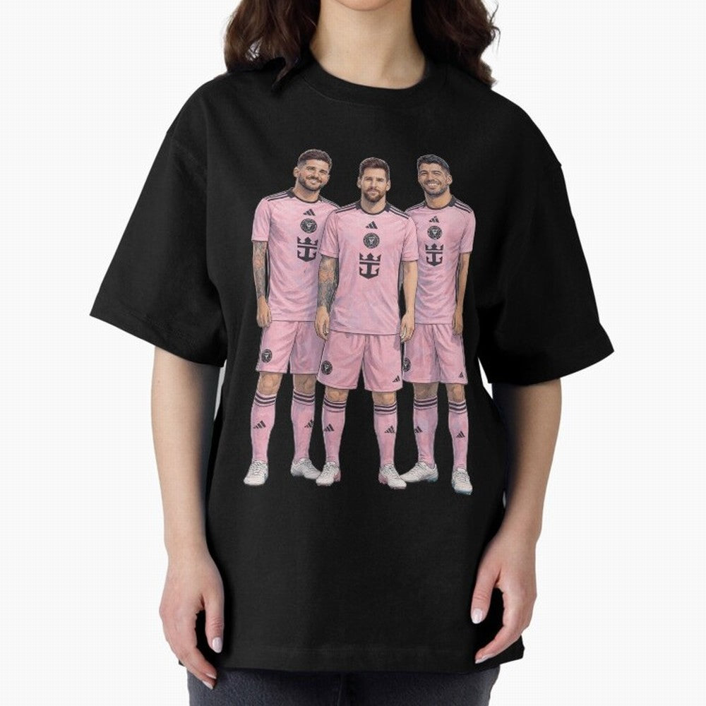 Messi, De Paul and Suarez Inter Miami artistic style ¨C MLS Soccer Oversized T-Shirt Capture FIFA World Cup 2026 USA Canada Mexico Spirit, Built around Netherlands, Messi and Cristiano Ronaldo, Football Passion, Legendary Performances, Festival