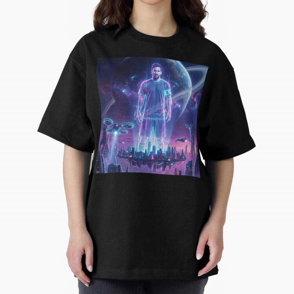 Lionel Messi (GOAT) Hologram in Futuristic Cyberpunk City (Version 3) Classic T-Shirt Back Your Heroes with FIFA World Cup 2026 Inspired by Messi and Cristiano Ronaldo, Netherlands Energy, Match Day Excitement, Supporter Culture, Golden Goals and