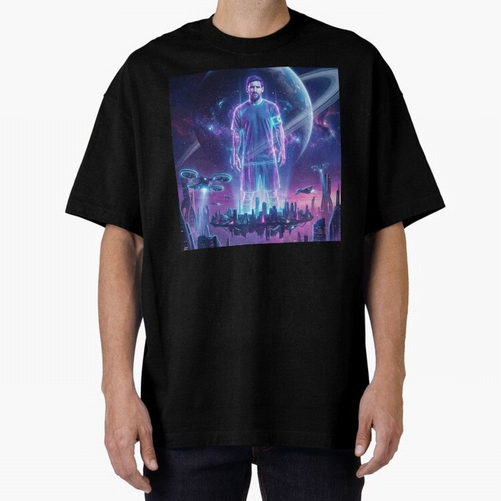 Lionel Messi (GOAT) Hologram in Futuristic Cyberpunk City (Version 3) Classic T-Shirt Back Your Heroes with FIFA World Cup 2026 Inspired by Messi and Cristiano Ronaldo, Netherlands Energy, Match Day Excitement, Supporter Culture, Golden Goals and