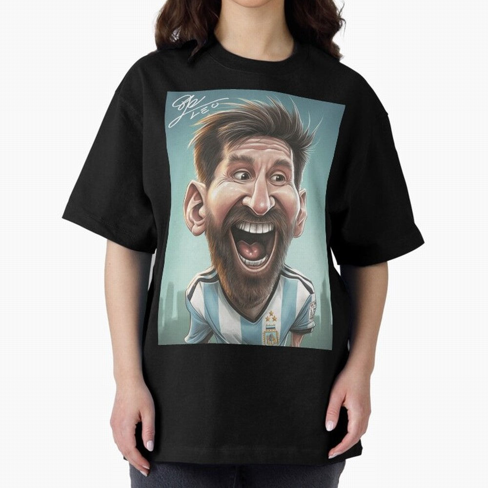 Lionel Messi Caricature Art with Autograph Oversized T-Shirt Make Memories around the FIFA World Cup 2026 USA Canada Mexico Journey through Messi and Cristiano Ronaldo Highlights, England Pride, Championship Spirit, Famous Goals, Roaring Crowds and