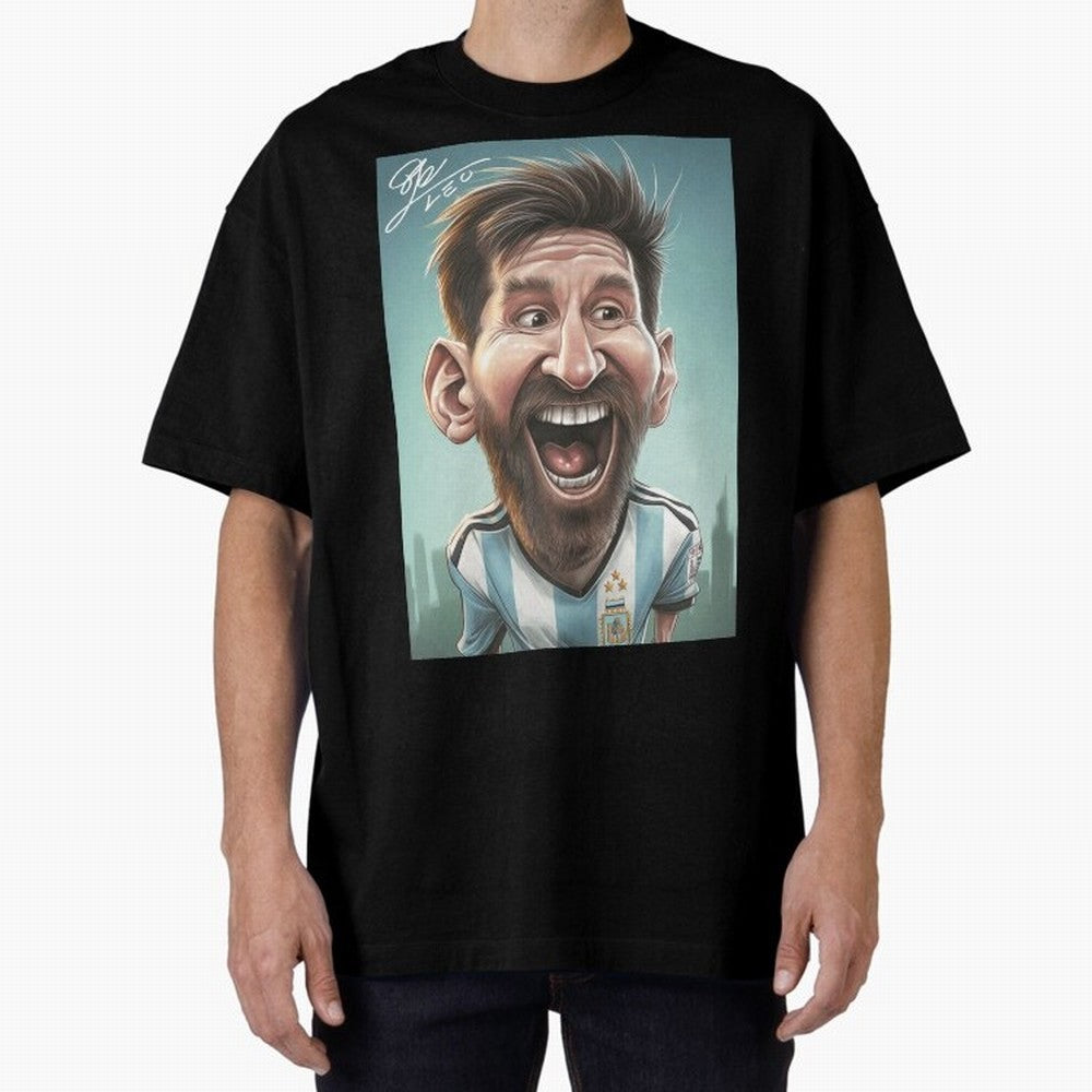 Lionel Messi Caricature Art with Autograph Oversized T-Shirt Make Memories around the FIFA World Cup 2026 USA Canada Mexico Journey through Messi and Cristiano Ronaldo Highlights, England Pride, Championship Spirit, Famous Goals, Roaring Crowds and