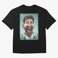 Lionel Messi Caricature Art with Autograph Oversized T-Shirt Make Memories around the FIFA World Cup 2026 USA Canada Mexico Journey through Messi and Cristiano Ronaldo Highlights, England Pride, Championship Spirit, Famous Goals, Roaring Crowds and