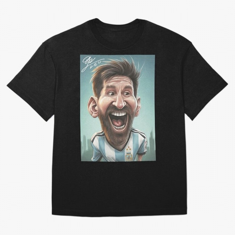 Lionel Messi Caricature Art with Autograph Oversized T-Shirt Make Memories around the FIFA World Cup 2026 USA Canada Mexico Journey through Messi and Cristiano Ronaldo Highlights, England Pride, Championship Spirit, Famous Goals, Roaring Crowds and