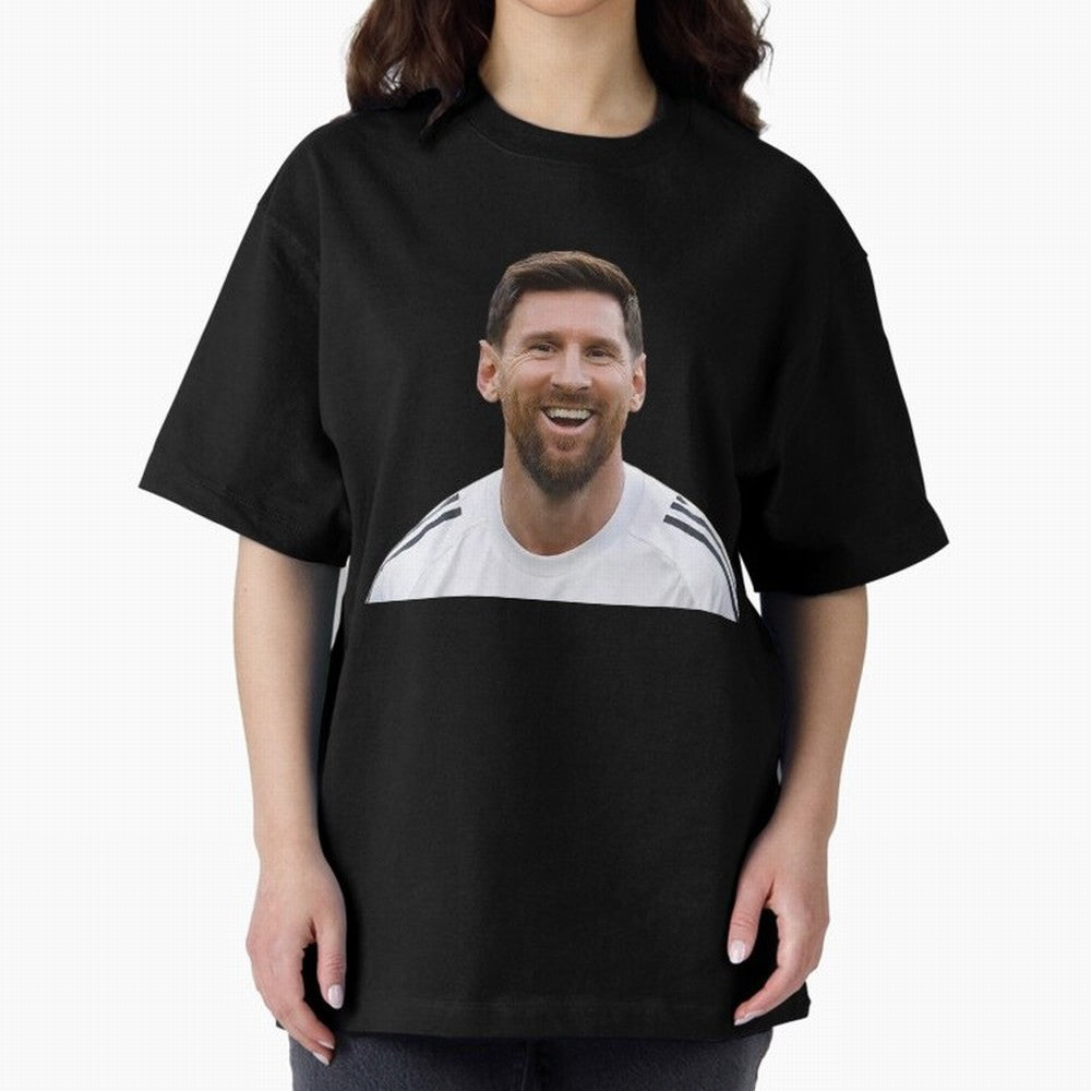 Lionel Messi smiling Oversized T-Shirt Follow the Final Road of FIFA World Cup 2026 for Fans of Cristiano Ronaldo, Haaland and CR7 and France, Bringing Match Day Excitement, Supporter Culture, Golden Goals and Global Football Passion; Made for