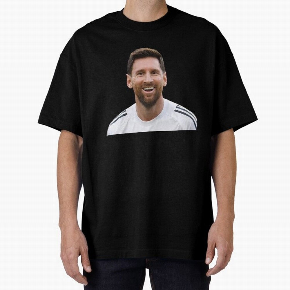 Lionel Messi smiling Oversized T-Shirt Follow the Final Road of FIFA World Cup 2026 for Fans of Cristiano Ronaldo, Haaland and CR7 and France, Bringing Match Day Excitement, Supporter Culture, Golden Goals and Global Football Passion; Made for