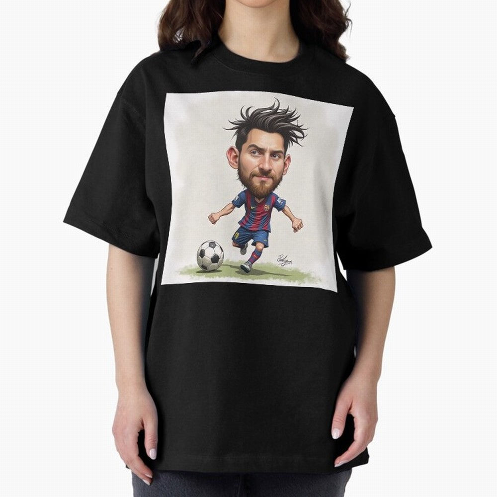 The Little Magician ¨C Caricature of Lionel Messi Oversized T-Shirt Support Iconic Players in FIFA World Cup 2026 Spirit, Built around Argentina, France and Brazil, Neymar, Haaland and Cristiano Ronaldo, Football Passion, Legendary Performances,