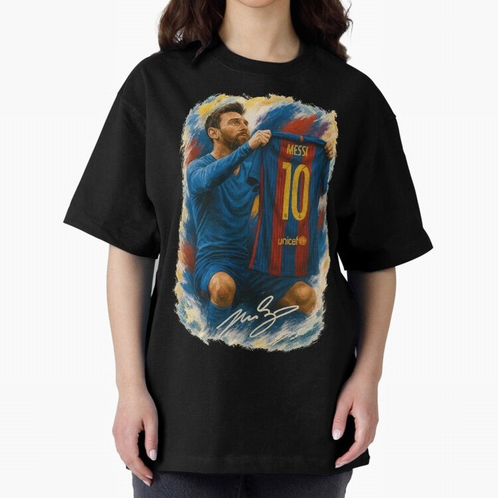 Messi Shirt Celebration Poster ¨C Iconic FC Barcelona Number 10 Artwork Oversized T-Shirt Bring Retro Soccer Energy to Match Day Hype around FIFA World Cup 2026 USA Canada Mexico, CR7 and Messi, Portugal, Match Day Excitement, Supporter Culture,