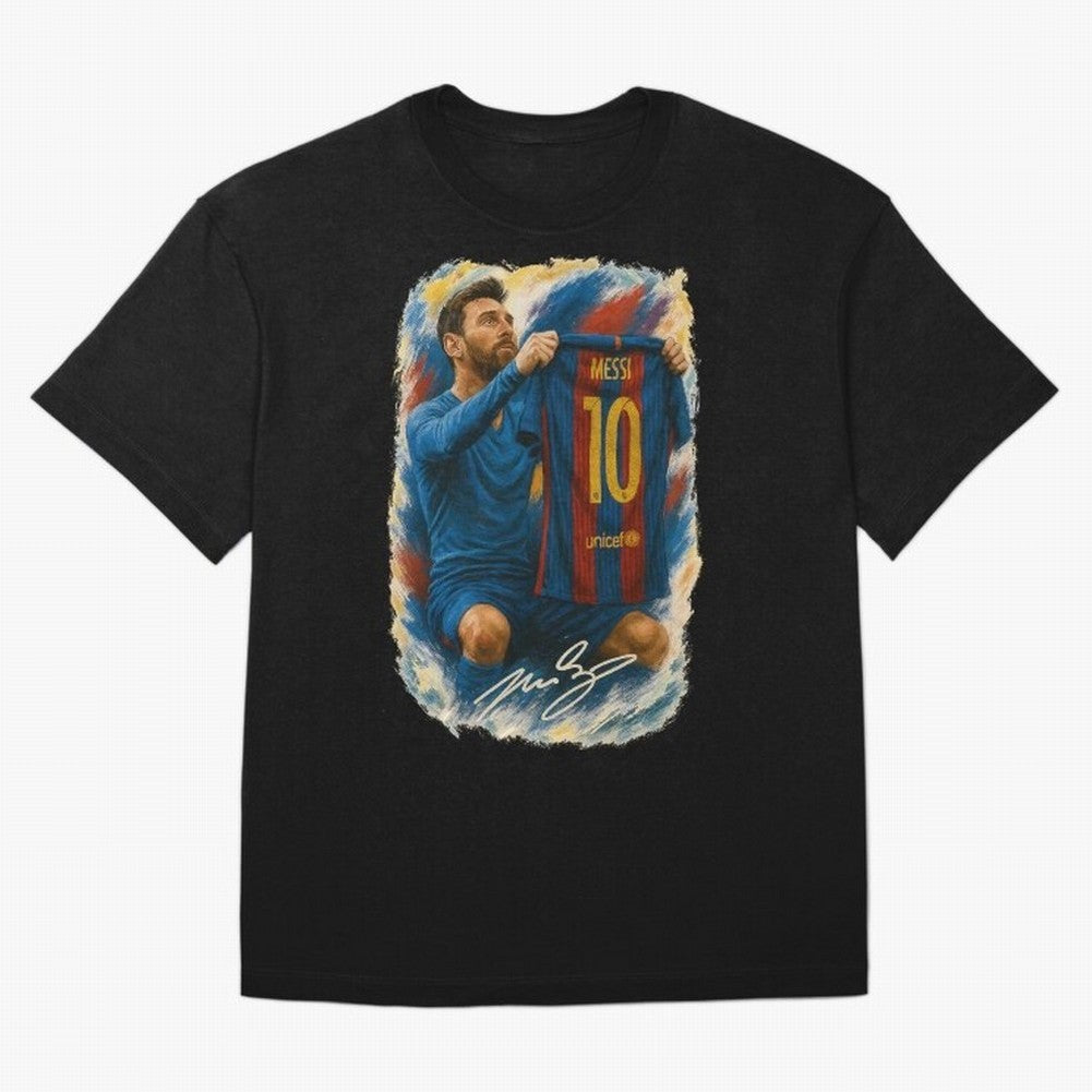 Messi Shirt Celebration Poster ¨C Iconic FC Barcelona Number 10 Artwork Oversized T-Shirt Bring Retro Soccer Energy to Match Day Hype around FIFA World Cup 2026 USA Canada Mexico, CR7 and Messi, Portugal, Match Day Excitement, Supporter Culture,