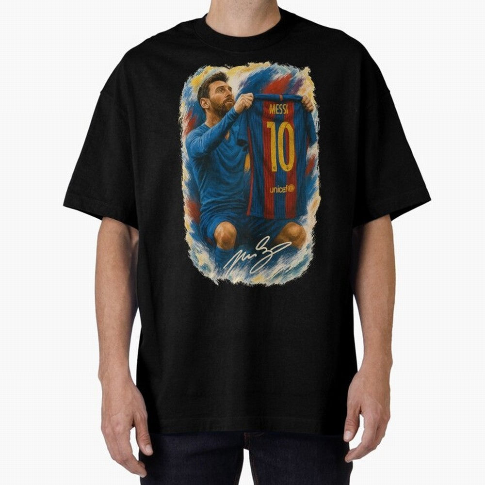 Messi Shirt Celebration Poster ¨C Iconic FC Barcelona Number 10 Artwork Oversized T-Shirt Bring Retro Soccer Energy to Match Day Hype around FIFA World Cup 2026 USA Canada Mexico, CR7 and Messi, Portugal, Match Day Excitement, Supporter Culture,