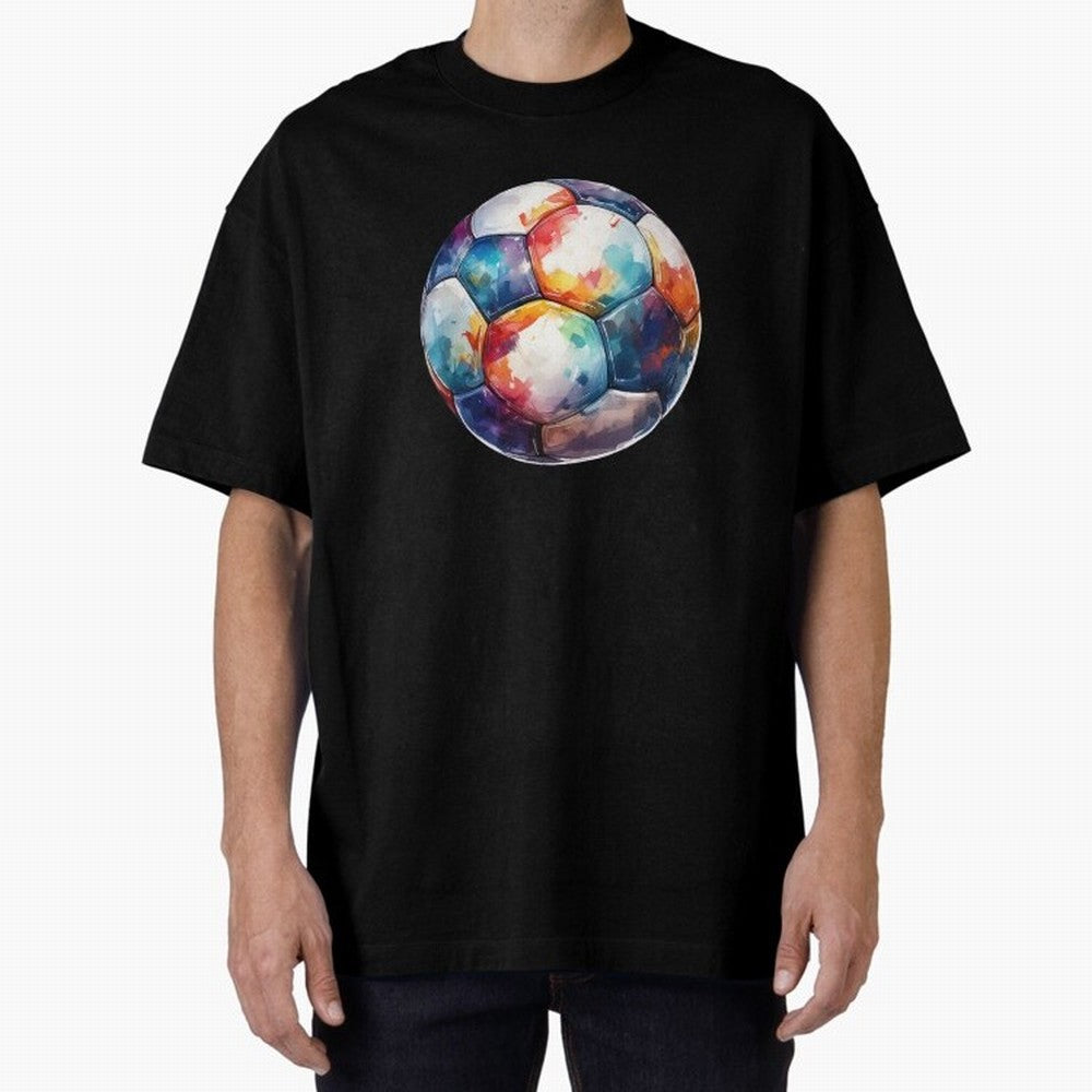 Football Soccer Ball Watercolor Illustration Drawing (Black BG) Oversized T-Shirt Show Love for Legendary Goals in the FIFA World Cup 2026 Group Stage Journey through Messi, Neymar and Mbappe Highlights, Portugal, Spain and Germany Pride, Global