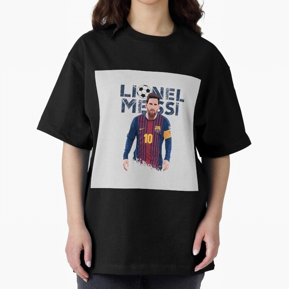 Stylized Lionel Messi Barcelona Illustration ¨C Iconic Football Artwork Oversized T-Shirt Celebrate the Next Chapter of FIFA World Cup 2026 Spirit, Made for Brazil, Portugal and Argentina, Messi, Neymar and Mbappe, Football Passion, Legendary