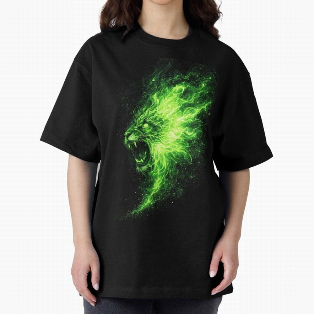 Neon Green Flame Lion ¨C Glowing Fire Roar Beast Graphic | Dark Aesthetic Streetwear Design Graphic T-Shirt Carry the Colors and Pride of Match Day Hype around FIFA World Cup 2026 Group Stage, Messi, CR7 and Mbappe, Brazil, Match Day Excitement,