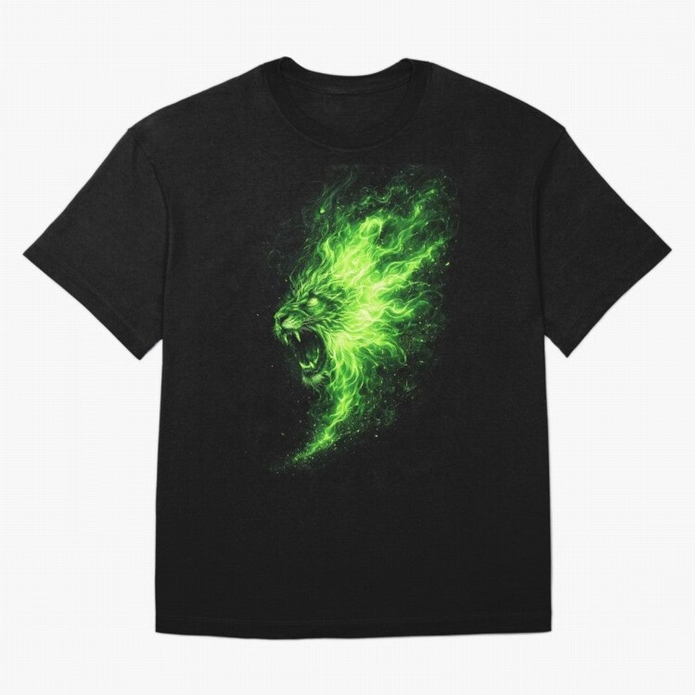 Neon Green Flame Lion ¨C Glowing Fire Roar Beast Graphic | Dark Aesthetic Streetwear Design Graphic T-Shirt Carry the Colors and Pride of Match Day Hype around FIFA World Cup 2026 Group Stage, Messi, CR7 and Mbappe, Brazil, Match Day Excitement,