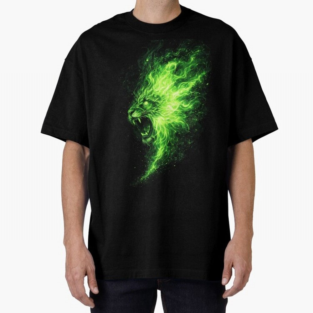 Neon Green Flame Lion ¨C Glowing Fire Roar Beast Graphic | Dark Aesthetic Streetwear Design Graphic T-Shirt Carry the Colors and Pride of Match Day Hype around FIFA World Cup 2026 Group Stage, Messi, CR7 and Mbappe, Brazil, Match Day Excitement,