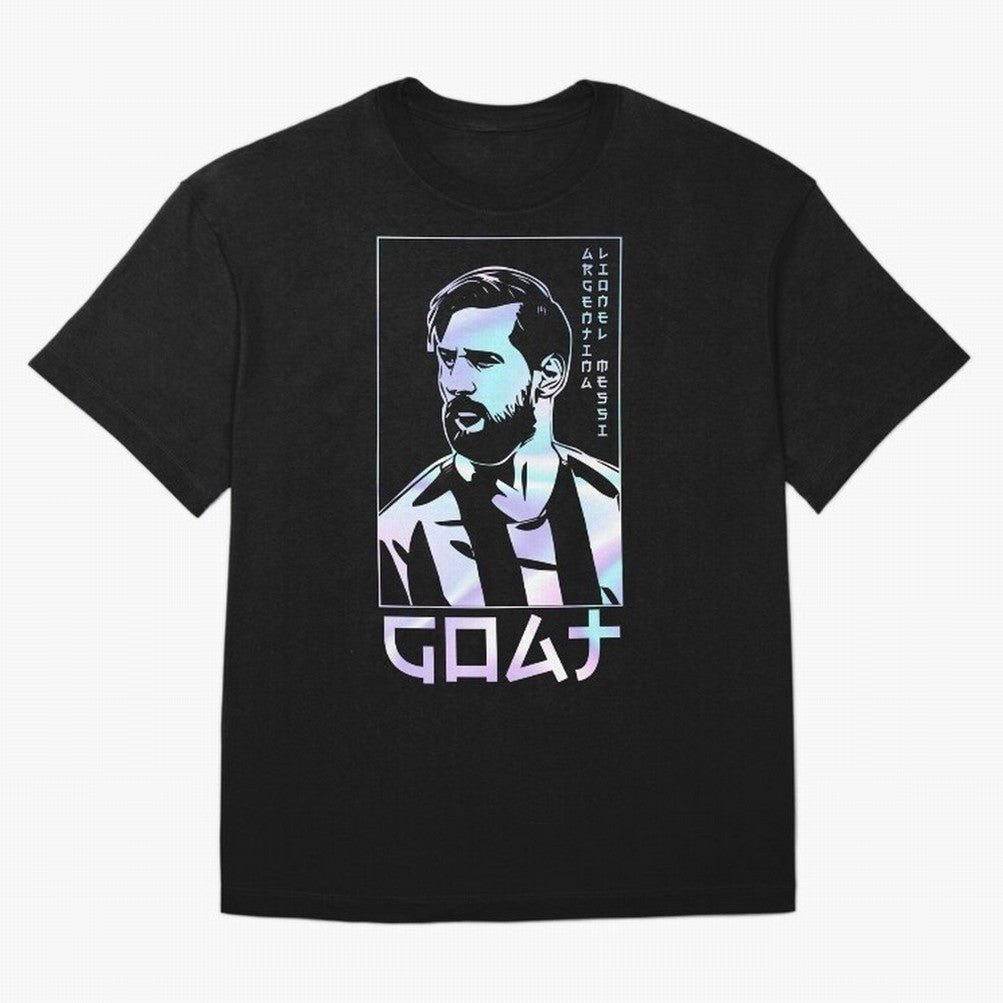 Lionel Messi Holographic Style Portrait art illustration Premium T-Shirt Feel International Energy from Match Day Hype around FIFA World Cup 2026 USA Canada Mexico, CR7, Portugal, Spain and Germany, Game Day Rituals, Football Legends, Country Pride