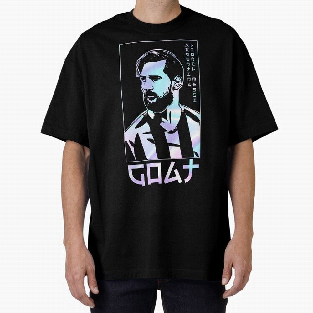 Lionel Messi Holographic Style Portrait art illustration Premium T-Shirt Feel International Energy from Match Day Hype around FIFA World Cup 2026 USA Canada Mexico, CR7, Portugal, Spain and Germany, Game Day Rituals, Football Legends, Country Pride