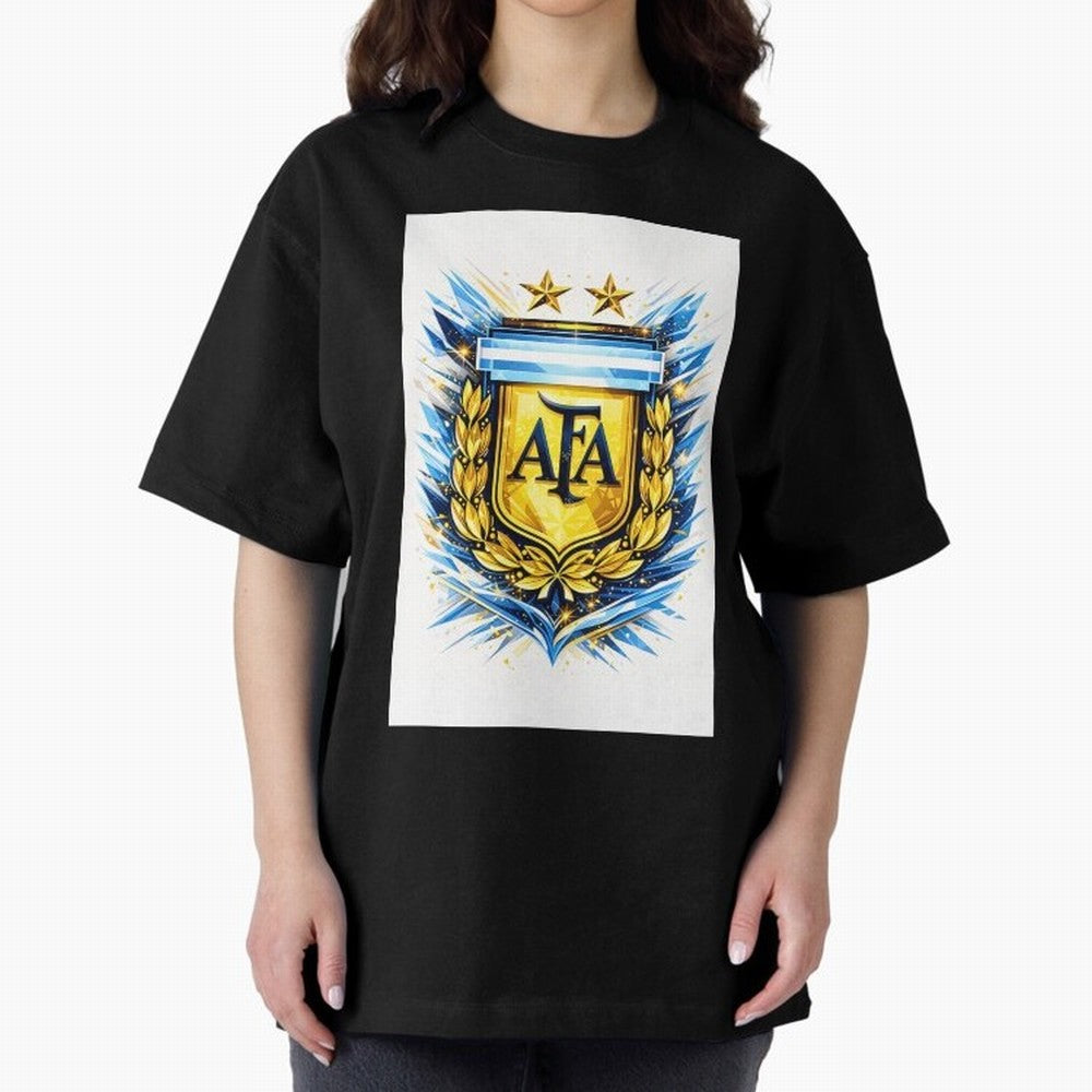 Argentina champions AFA crest gold blue soccer design Oversized T-Shirt Show Your Tournament Heart for FIFA World Cup 2026 Group Stage Spirit, Made for Argentina and Brazil, Mbappe and Neymar, Vintage Soccer Flavor, Modern Football Stars, National
