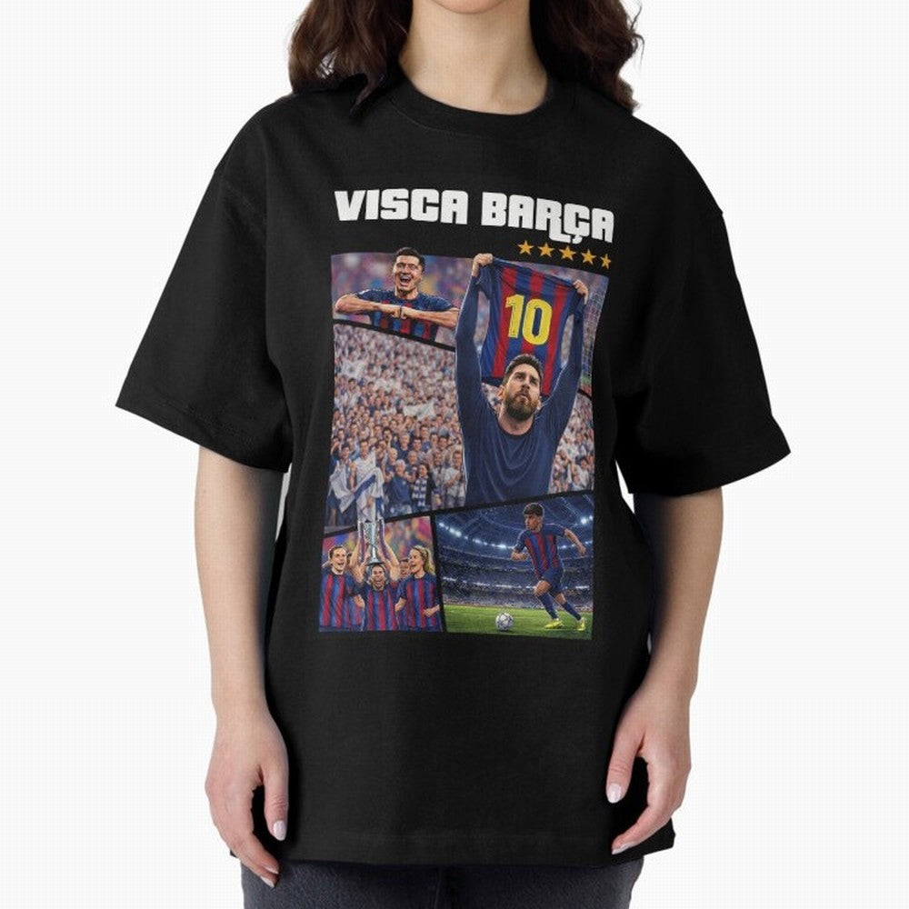 Visca Bar?a Legends Poster | Messi 10 FC Barcelona Art Oversized T-Shirt Support Match Day Hype around FIFA World Cup 2026 Group Stage, Cristiano Ronaldo, Argentina, France and Brazil, Game Day Rituals, Football Legends, Country Pride and the Road
