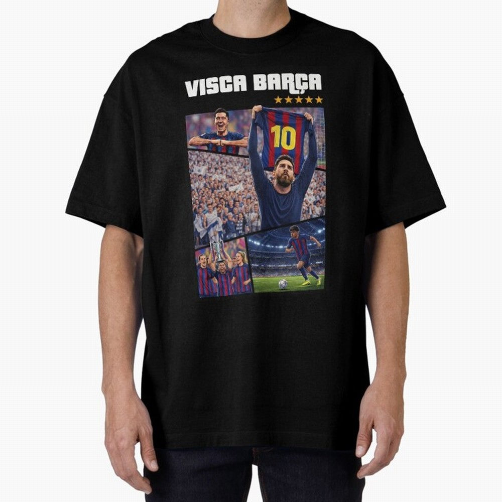 Visca Bar?a Legends Poster | Messi 10 FC Barcelona Art Oversized T-Shirt Support Match Day Hype around FIFA World Cup 2026 Group Stage, Cristiano Ronaldo, Argentina, France and Brazil, Game Day Rituals, Football Legends, Country Pride and the Road