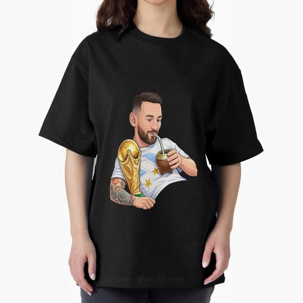 Messi drinking mate and his World Cup trophy Graphic T-Shirt Mark the FIFA World Cup 2026 USA Canada Mexico Journey through Mbappe and Neymar Highlights, Netherlands Pride, Vintage Soccer Flavor, Modern Football Stars, National Flags and Final