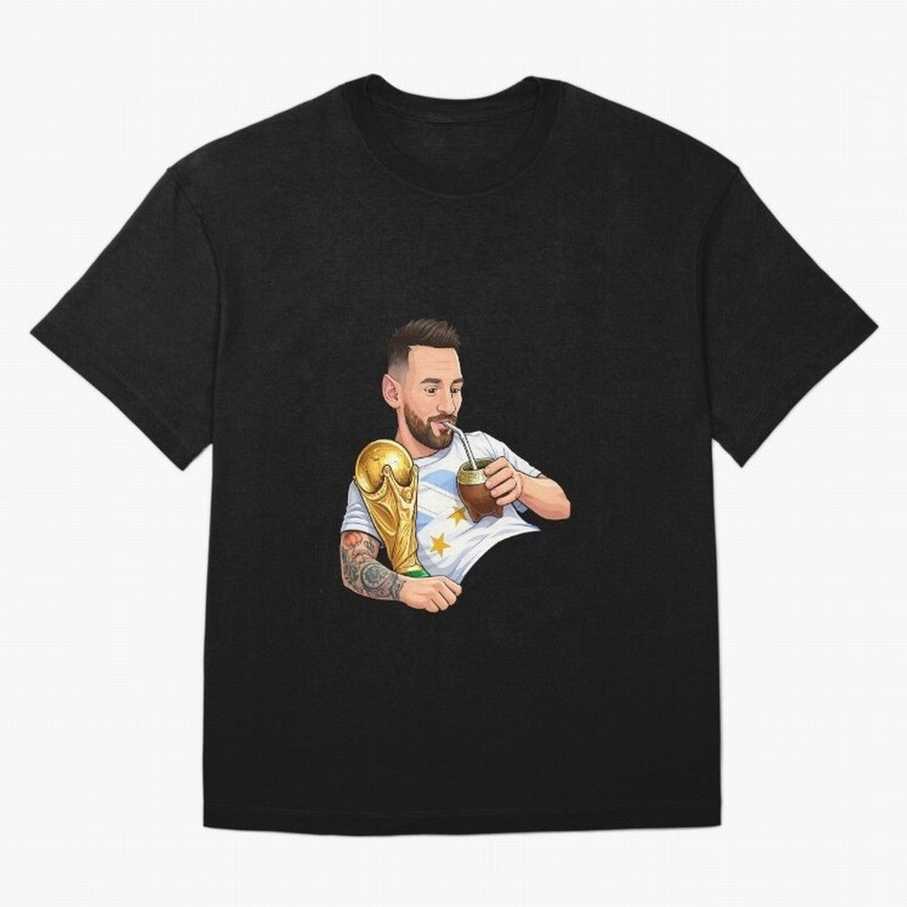 Messi drinking mate and his World Cup trophy Graphic T-Shirt Mark the FIFA World Cup 2026 USA Canada Mexico Journey through Mbappe and Neymar Highlights, Netherlands Pride, Vintage Soccer Flavor, Modern Football Stars, National Flags and Final