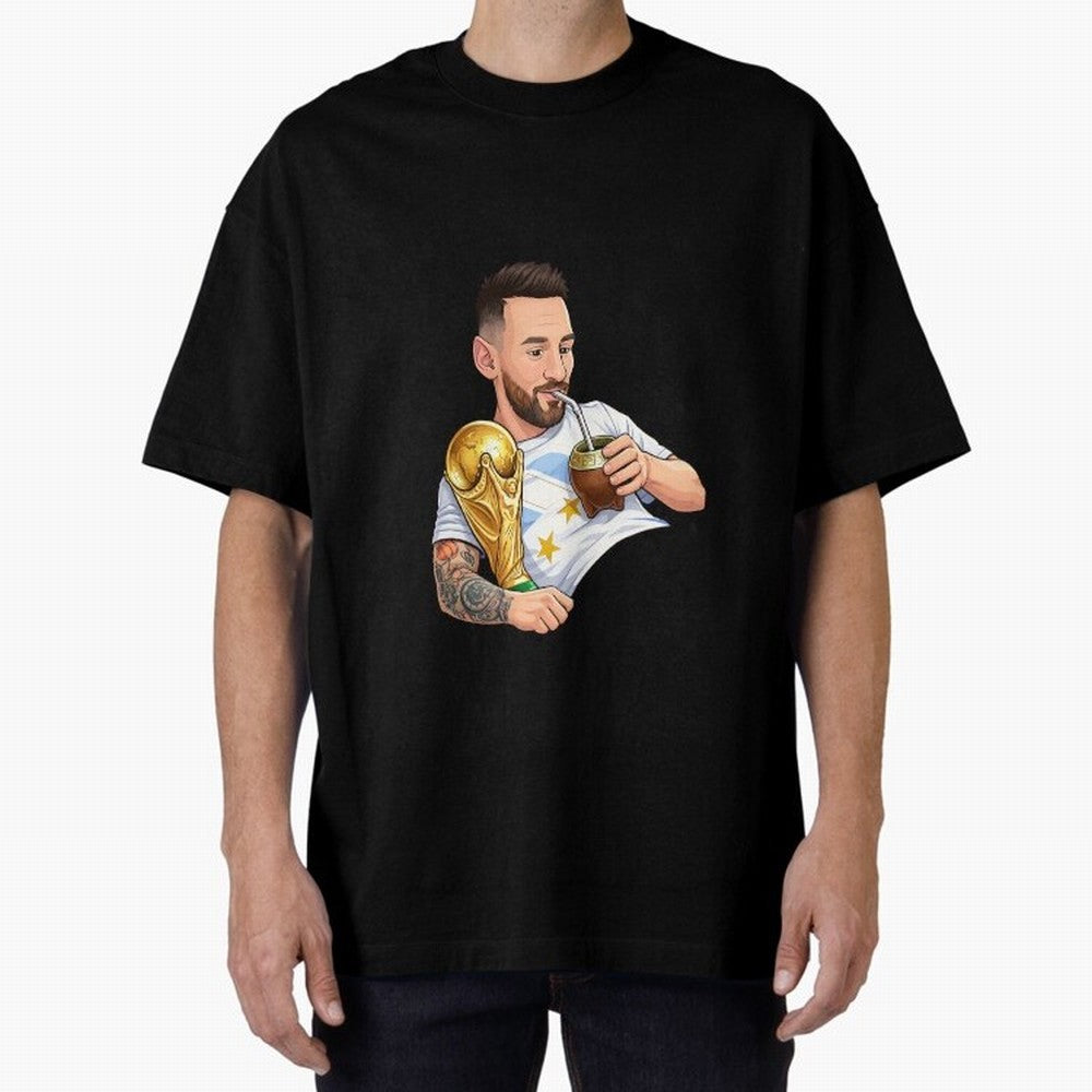 Messi drinking mate and his World Cup trophy Graphic T-Shirt Mark the FIFA World Cup 2026 USA Canada Mexico Journey through Mbappe and Neymar Highlights, Netherlands Pride, Vintage Soccer Flavor, Modern Football Stars, National Flags and Final