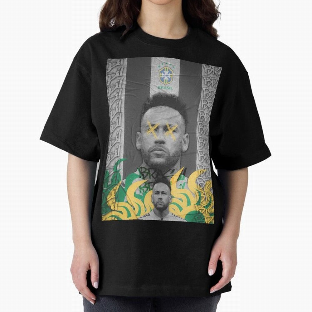 Brazil Football Star Grunge Poster Oversized T-Shirt Stand Out with Spirit from FIFA World Cup 2026 Group Stage for Fans of CR7 and Messi and Portugal, Spain and Germany, Bringing Retro Football Energy, Iconic Rivalries, Trophy Chase Drama and