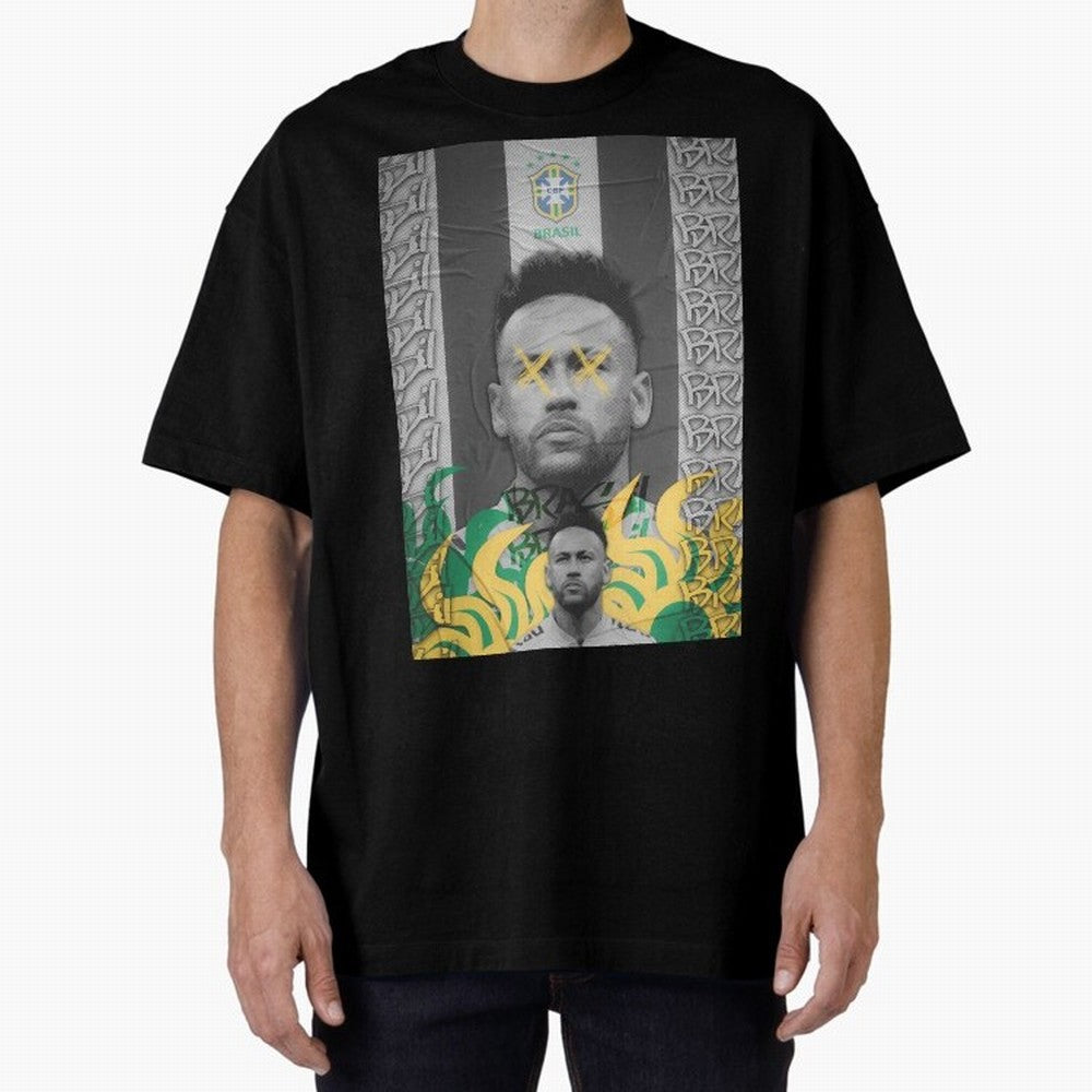 Brazil Football Star Grunge Poster Oversized T-Shirt Stand Out with Spirit from FIFA World Cup 2026 Group Stage for Fans of CR7 and Messi and Portugal, Spain and Germany, Bringing Retro Football Energy, Iconic Rivalries, Trophy Chase Drama and