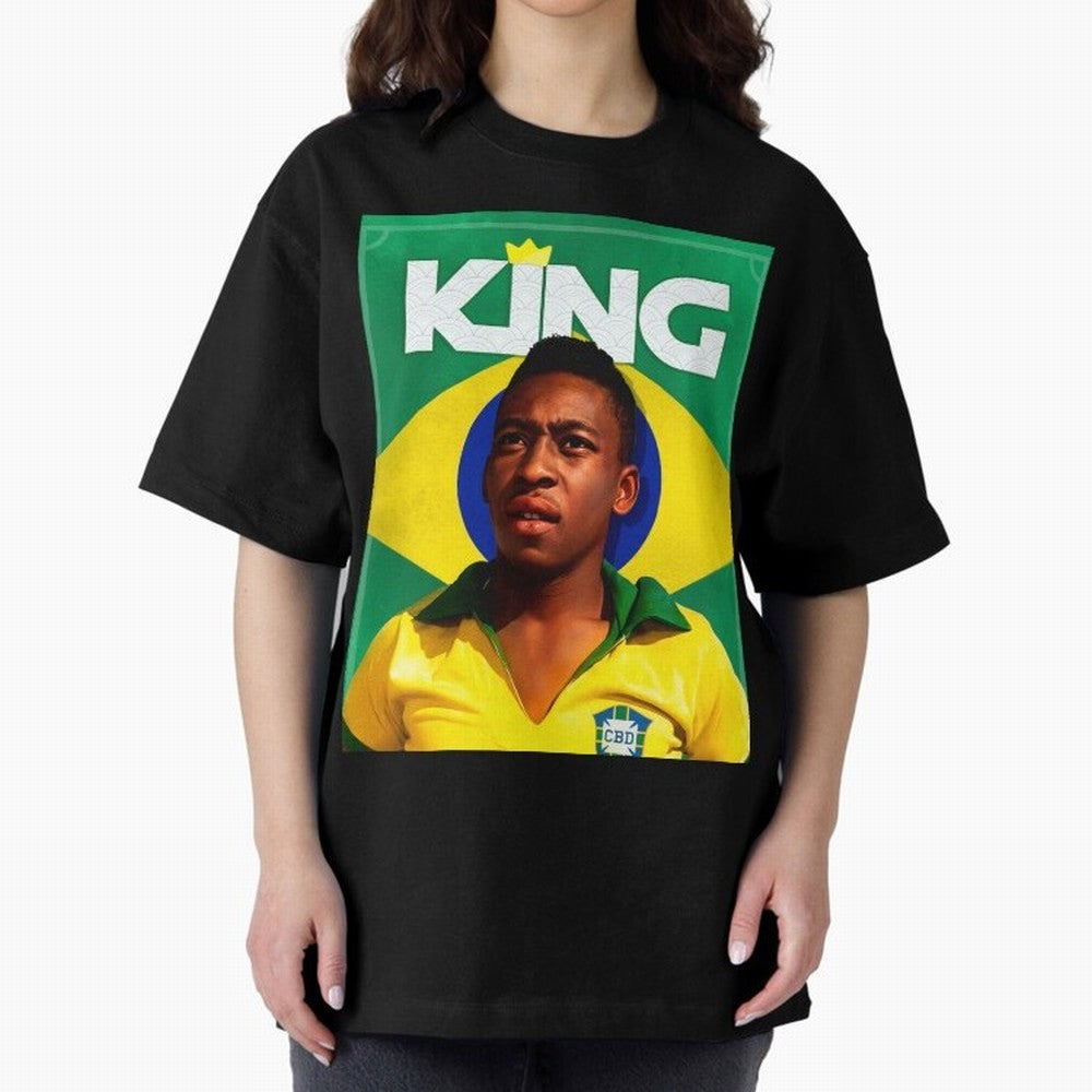 King Pele Oversized T-Shirt Show Championship Spirit for Match Day Hype around FIFA World Cup 2026 Group Stage, Neymar, Haaland and Cristiano Ronaldo, Argentina, Retro Football Energy, Iconic Rivalries, Trophy Chase Drama and Stadium Atmosphere;