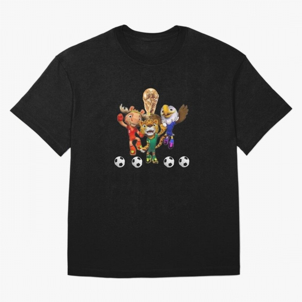 World Cup Mascot Classic T-Shirt Show Support during Global Football Passion for FIFA World Cup 2026 Group Stage, Highlighting Messi and Cristiano Ronaldo, Brazil, Retro Football Energy, Iconic Rivalries, Trophy Chase Drama and Stadium Atmosphere;