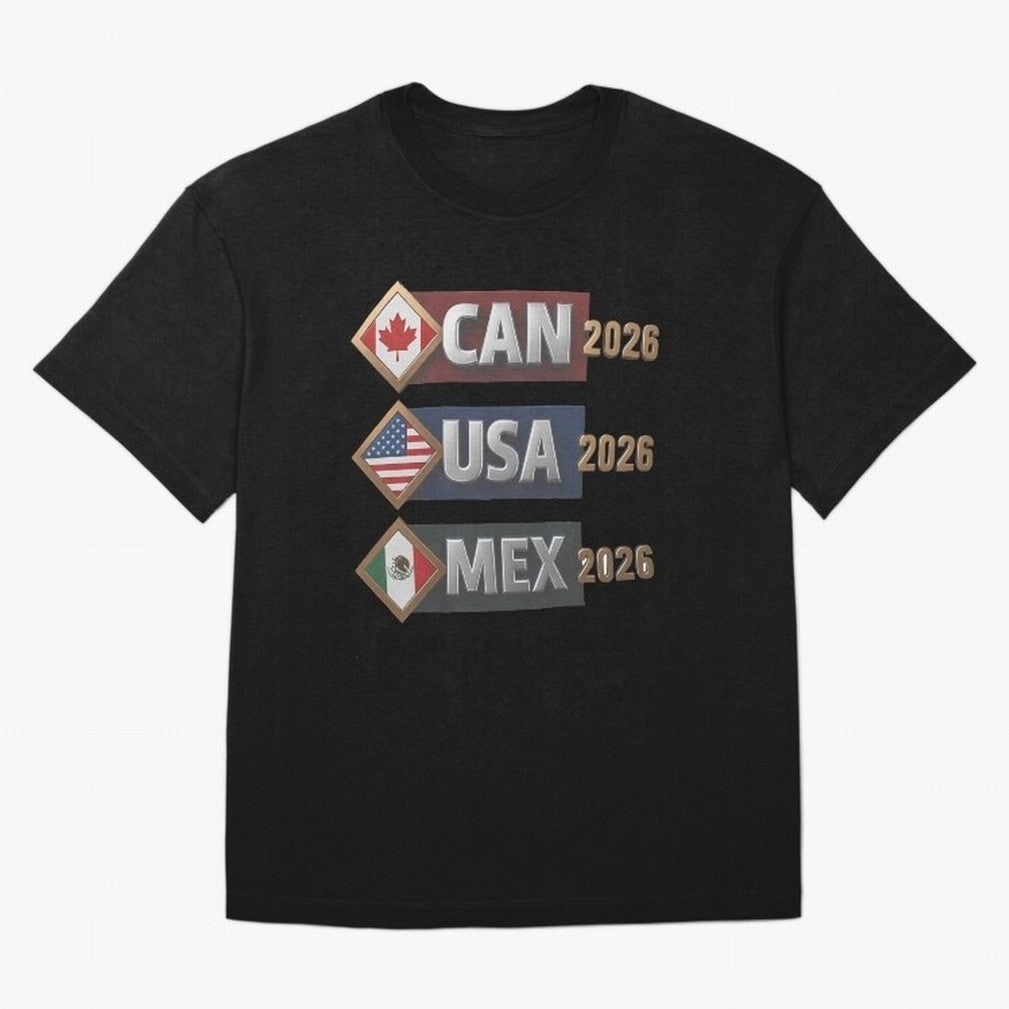 CAN USA MEx 2026 Flags, Canada USA Mexico Soccer Tournament Classic T-Shirt Back Your Heroes with Match Day Hype around FIFA World Cup 2026 USA Canada Mexico, Mbappe, Brazil, Portugal and Argentina, Match Day Excitement, Supporter Culture, Golden