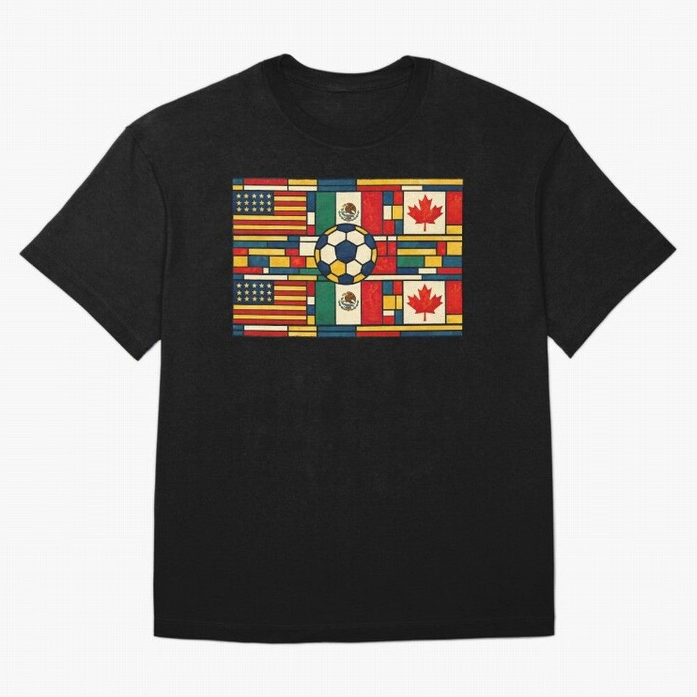 North American Football Flags World Cup Inspired Classic T-Shirt Relive the Noise and Pride of Global Football Passion for FIFA World Cup 2026 USA Canada Mexico, Inspired by Haaland and Mbappe, Spain, Stadium Chants, National Pride, Trophy Dreams