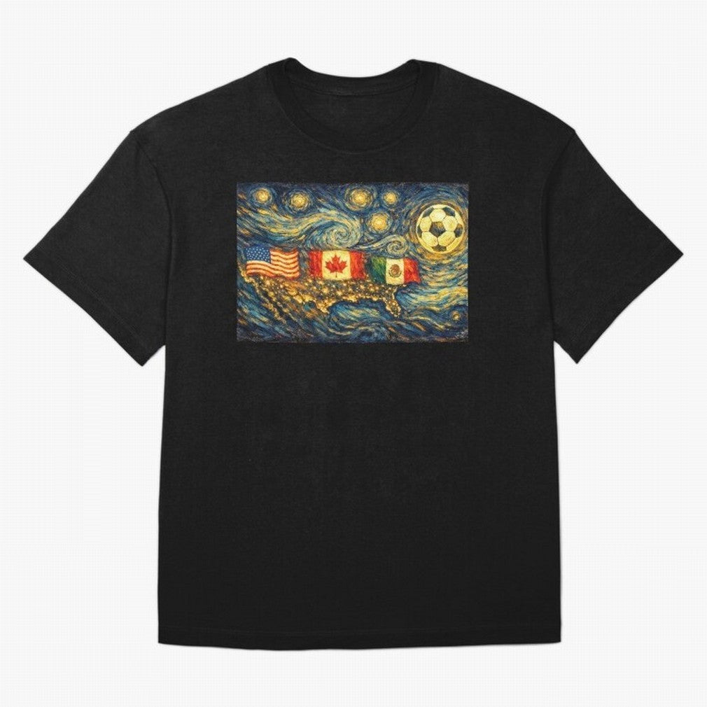North America Soccer Starry Night Dreamy and Swirls Inspired from Van Gogh Classic T-Shirt Celebrate Football Heritage in the FIFA World Cup 2026 Journey through Mbappe and Neymar Highlights, Argentina Pride, Goal Celebration Energy, Supporter