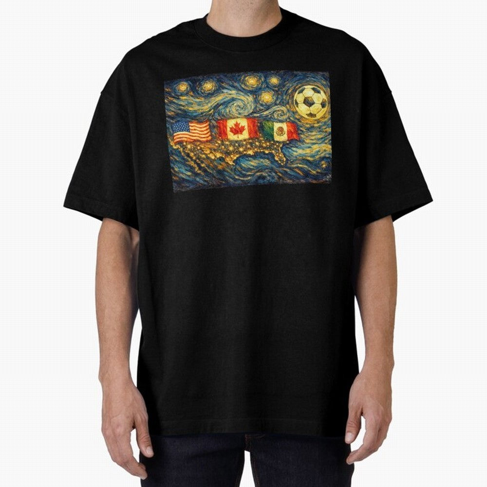North America Soccer Starry Night Dreamy and Swirls Inspired from Van Gogh Classic T-Shirt Celebrate Football Heritage in the FIFA World Cup 2026 Journey through Mbappe and Neymar Highlights, Argentina Pride, Goal Celebration Energy, Supporter