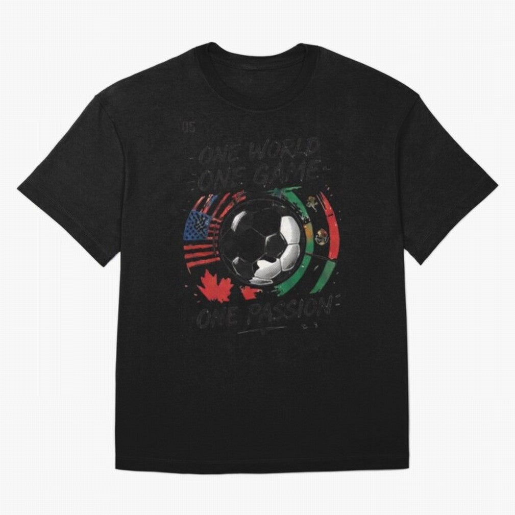 One World One Game Football Graphic Tee Classic T-Shirt Celebrate Football Heritage in the FIFA World Cup 2026 Group Stage Journey through CR7 and Messi Highlights, Argentina and Brazil Pride, Vintage Soccer Flavor, Modern Football Stars, National