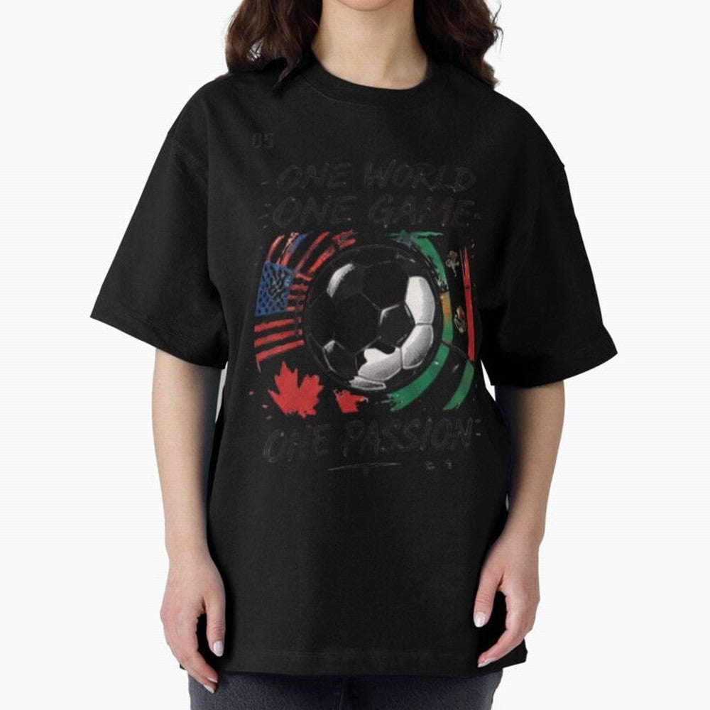 One World One Game Football Graphic Tee Classic T-Shirt Celebrate Football Heritage in the FIFA World Cup 2026 Group Stage Journey through CR7 and Messi Highlights, Argentina and Brazil Pride, Vintage Soccer Flavor, Modern Football Stars, National