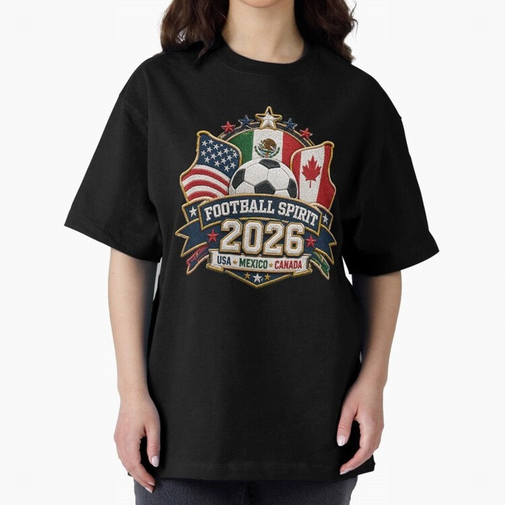 Football Spirit 2026 USA Mexico Canada Patch Design Classic T-Shirt Follow Match Day Hype around FIFA World Cup 2026 USA Canada Mexico, Cristiano Ronaldo, Brazil, Tournament Hype, Historic Matchups, Family Viewing Parties and Global Sports Pride;