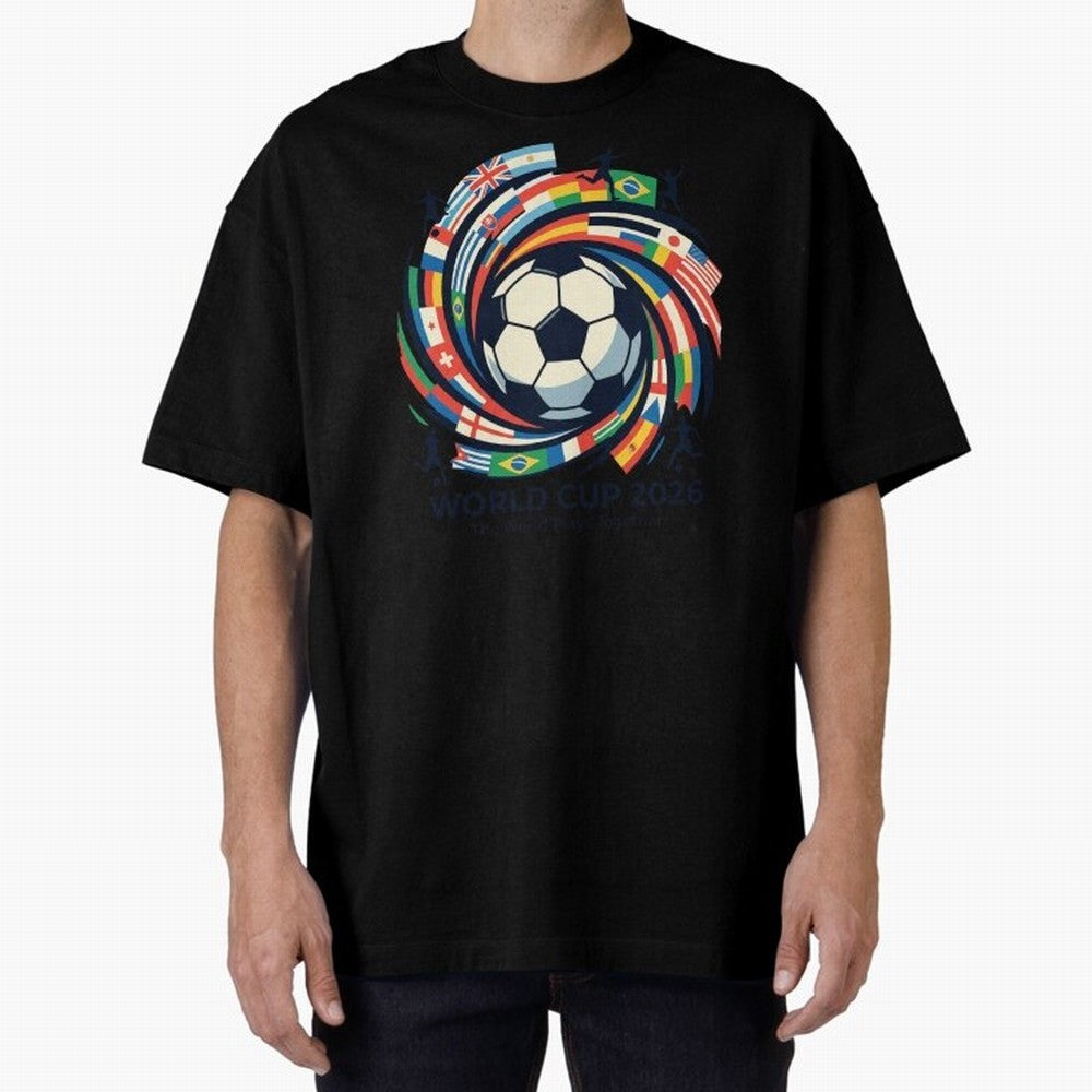 2D World Cup 2026 Football Spiral Flag Design T-Shirt Oversized T-Shirt Celebrate Supporters United by Global Football Passion for FIFA World Cup 2026 Group Stage, Featuring Cristiano Ronaldo, Haaland and CR7, Argentina and Brazil, Champion